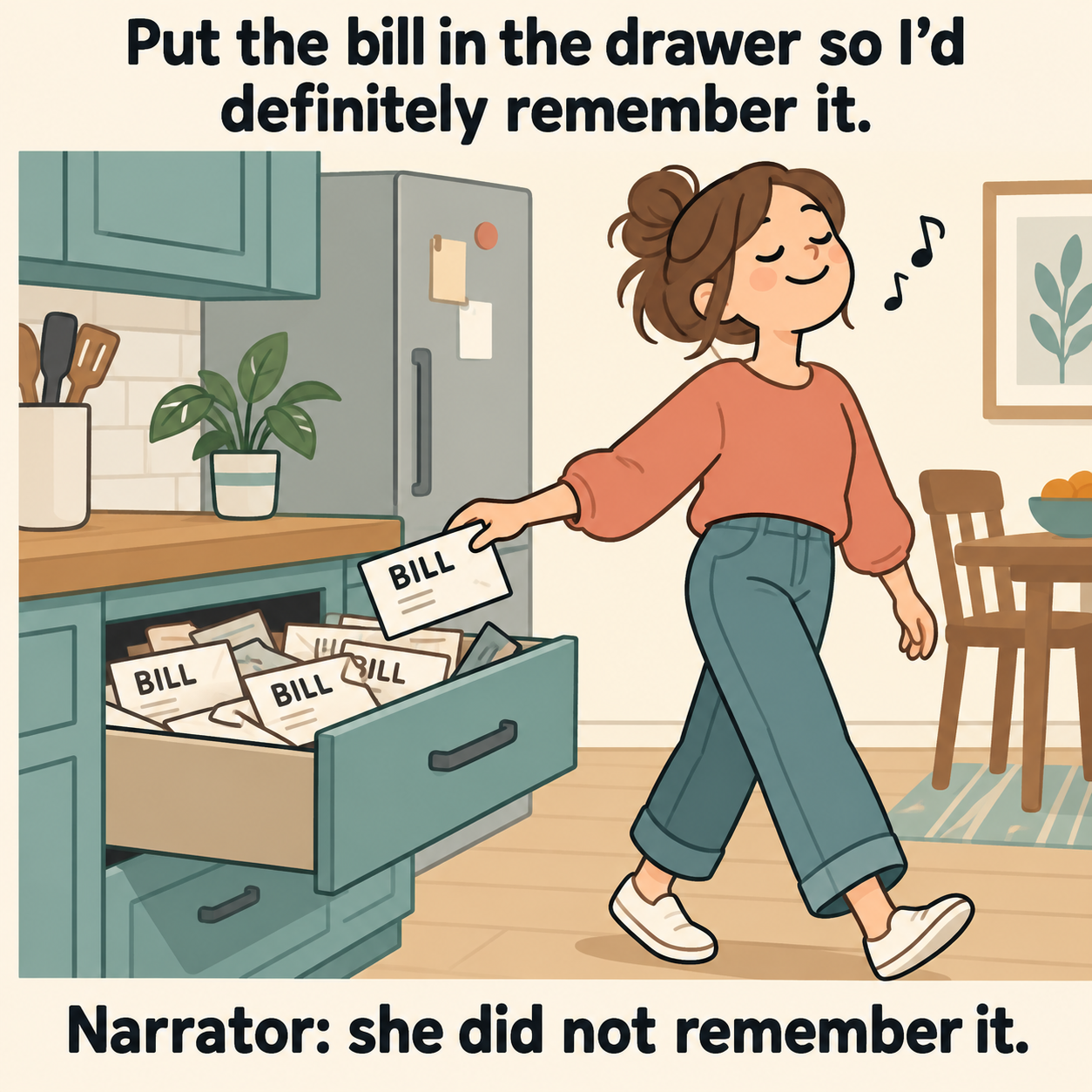 Cartoon of a person dropping a bill into a drawer full of bills and walking away whistling, captioned "Put the bill in the drawer so I'd definitely remember it. Narrator: she did not remember it."