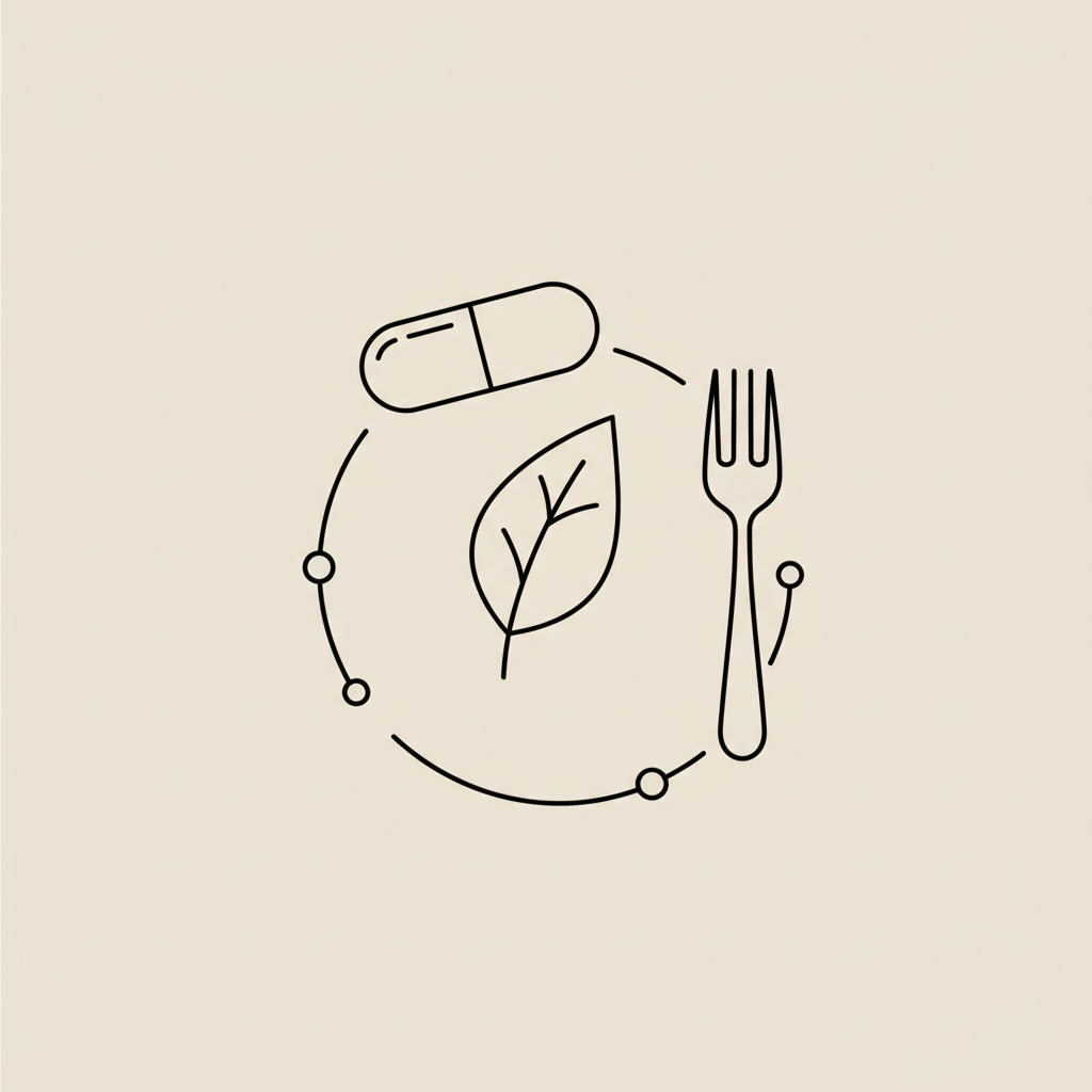 Minimal Tonum-style line illustration of a capsule, leaf, and fork arranged in a circular motif on beige background — natural alternatives to Ozempic