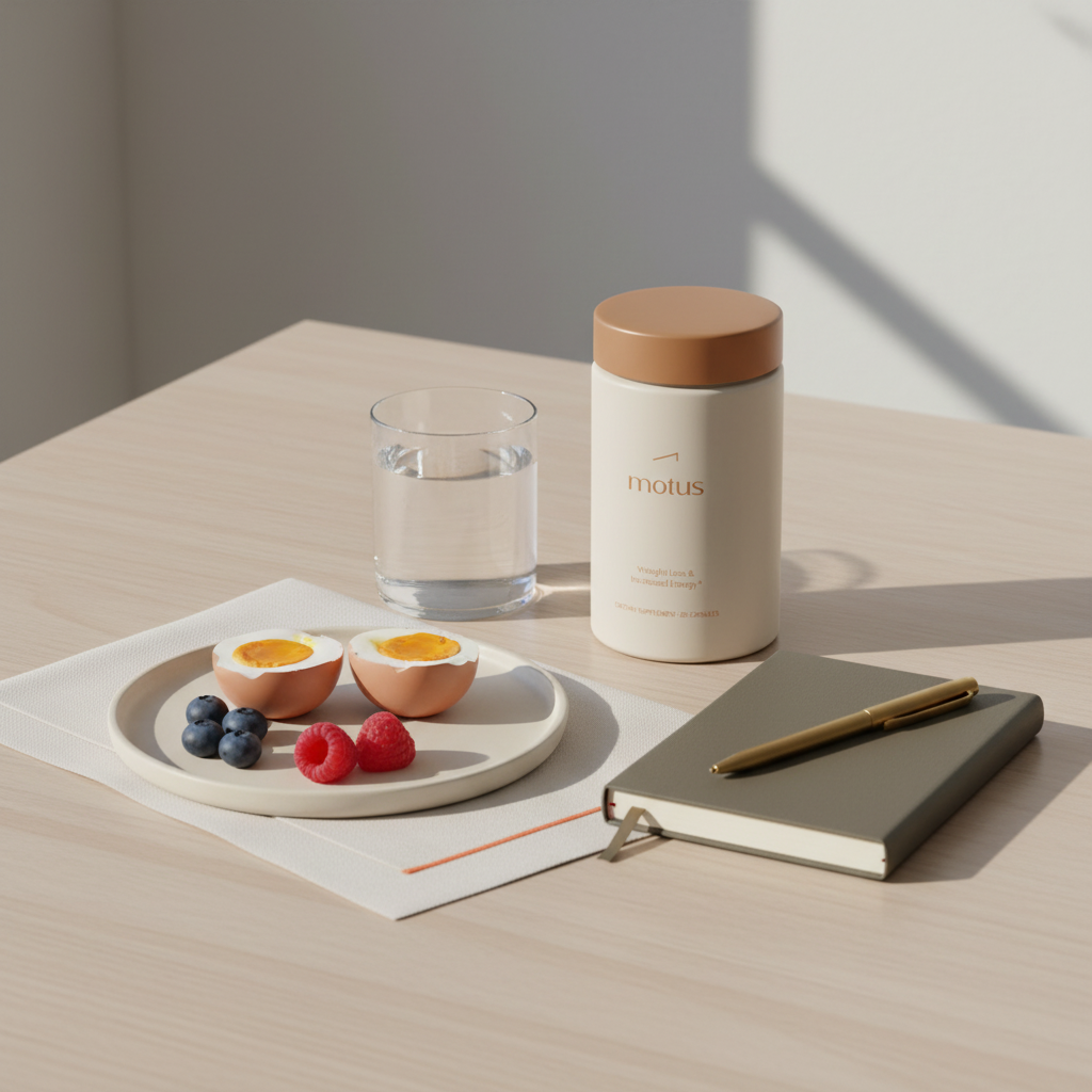 Minimal bright morning vignette with Tonum Motus jar, glass of water, plate of eggs and berries, and a journal on a neutral wooden table — minimalist health scene illustrating how to lose body fat.