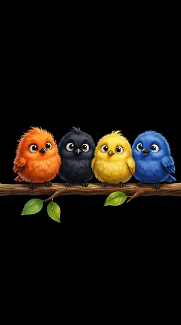 Cute Cartoon Illustration of Four Colorful Fluffy Birds on a Branch - Free mobile Wallpaper