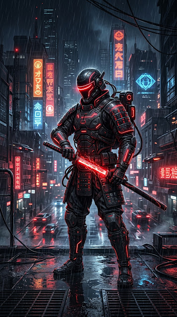 Cyberpunk Samurai Illustration in Black Armor with Glowing Red Neon Highlights - Free mobile Wallpaper