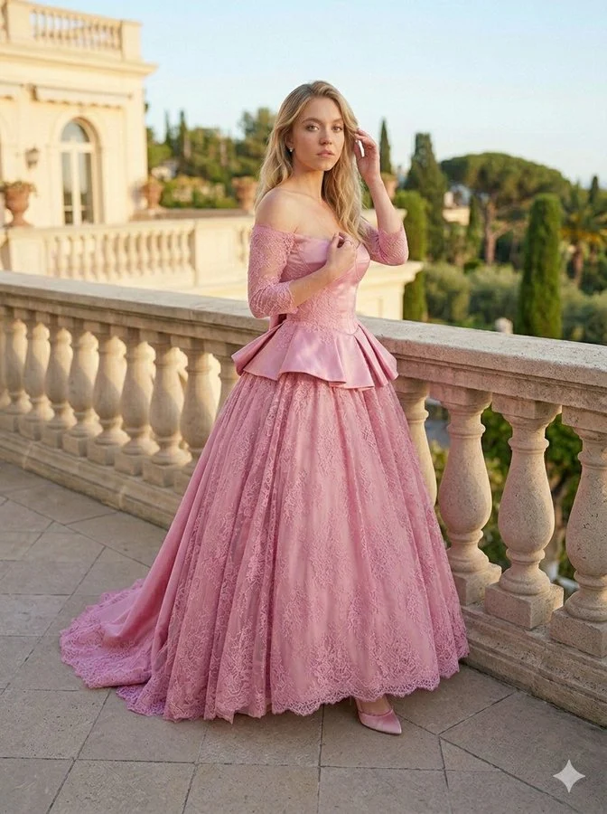 Sydney Sweeney posa elegantemente en las escaleras de una villa mediterránea.