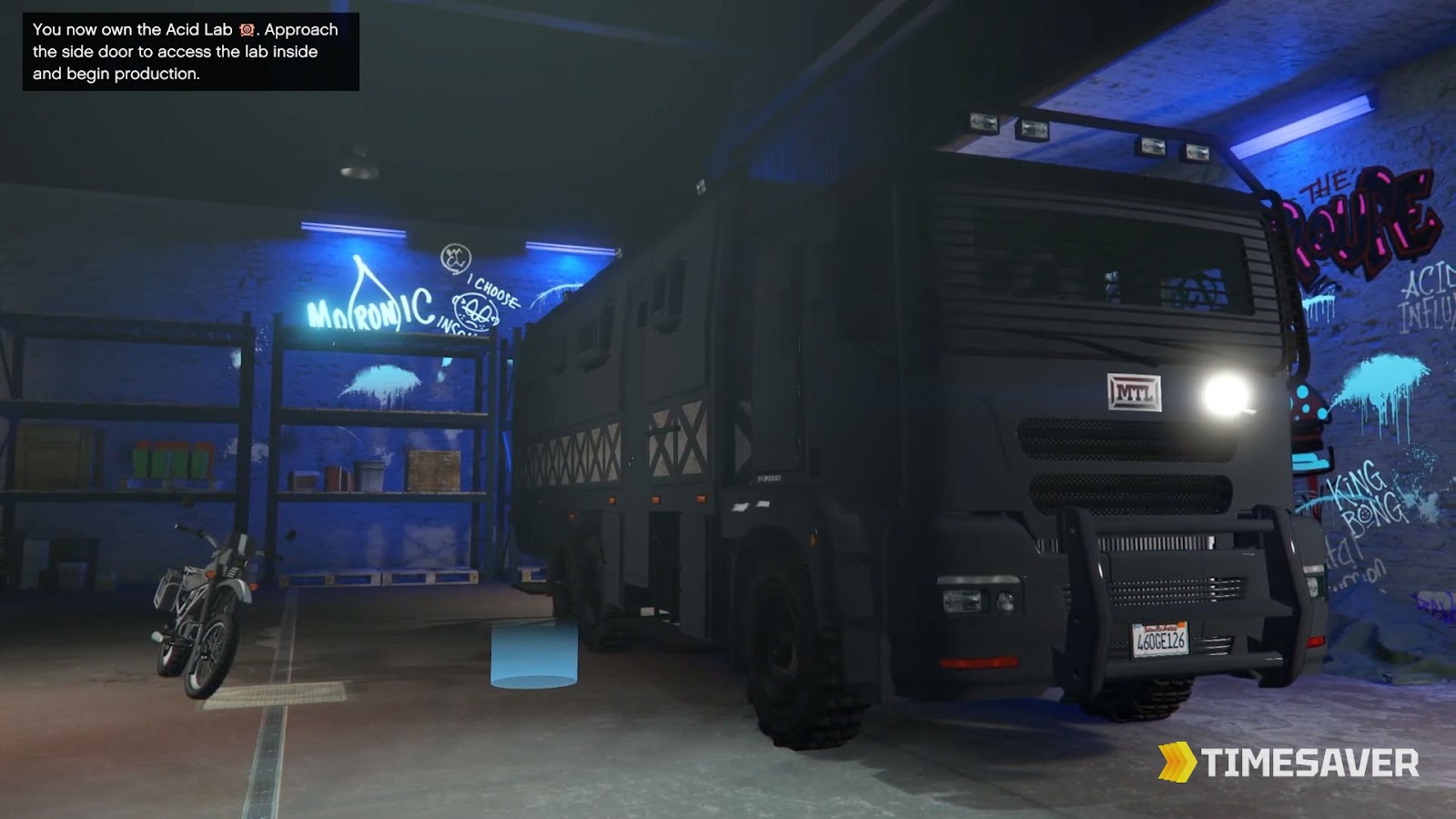 GTA Online Acid Lab — the MTL Brickade 6x6 mobile lab parked inside The Freakshop