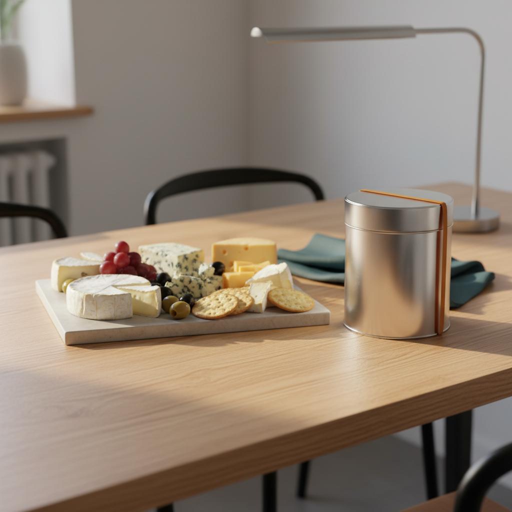 Minimalistischer Esstisch mit Käseplatte, Häppchen und Metall-Geschenkbox zur Idee: was kann man zu wein reichen