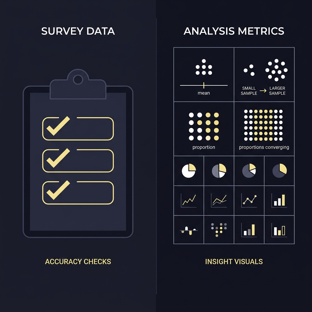 Minimalist split 2D vector showing a survey clipboard with checkboxes on the left and a clean grid visualizing mean and proportion sample size concepts on the right How Sample Size Affects Confidence