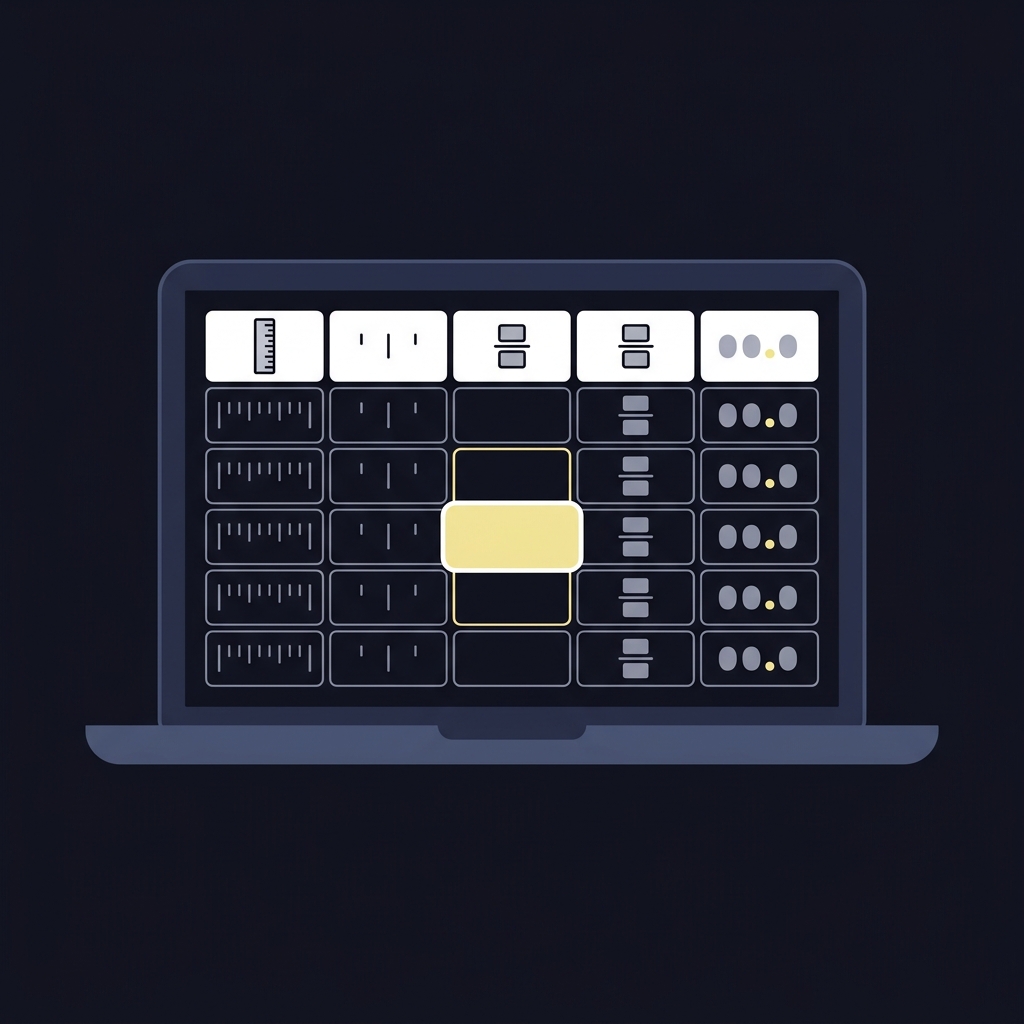 Minimalist 2D vector laptop showing a clean spreadsheet with ruler inch fraction tiles and decimal result placeholders in Funded Plays colors, no text, kelly pipe calculator