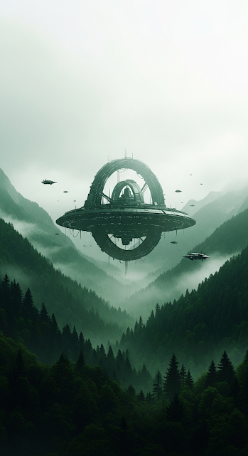 Sci-Fi Concept Art of Futuristic Floating Structure Above a Foggy Green Valley - Free mobile Wallpaper