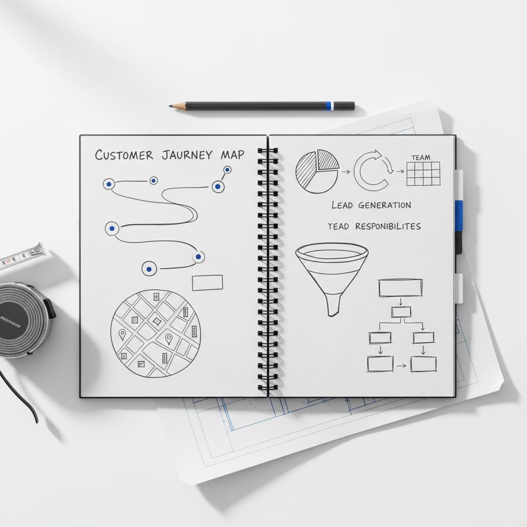 Top-down workshop table with construction tools and an open notebook of hand-drawn marketing sketches and local map pins illustrating how to get more clients as a general contractor