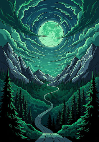 Dark Green Fantasy Mountain Road Moonlit Landscape