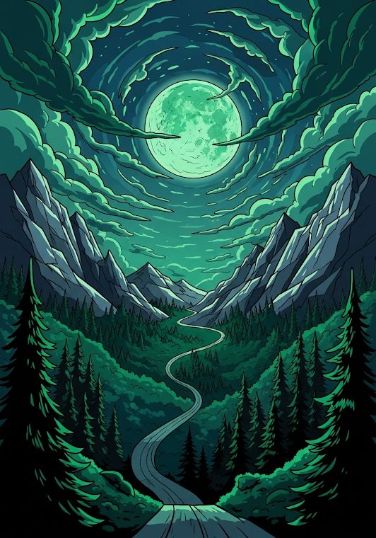 Dark Green Fantasy Mountain Road Moonlit Landscape