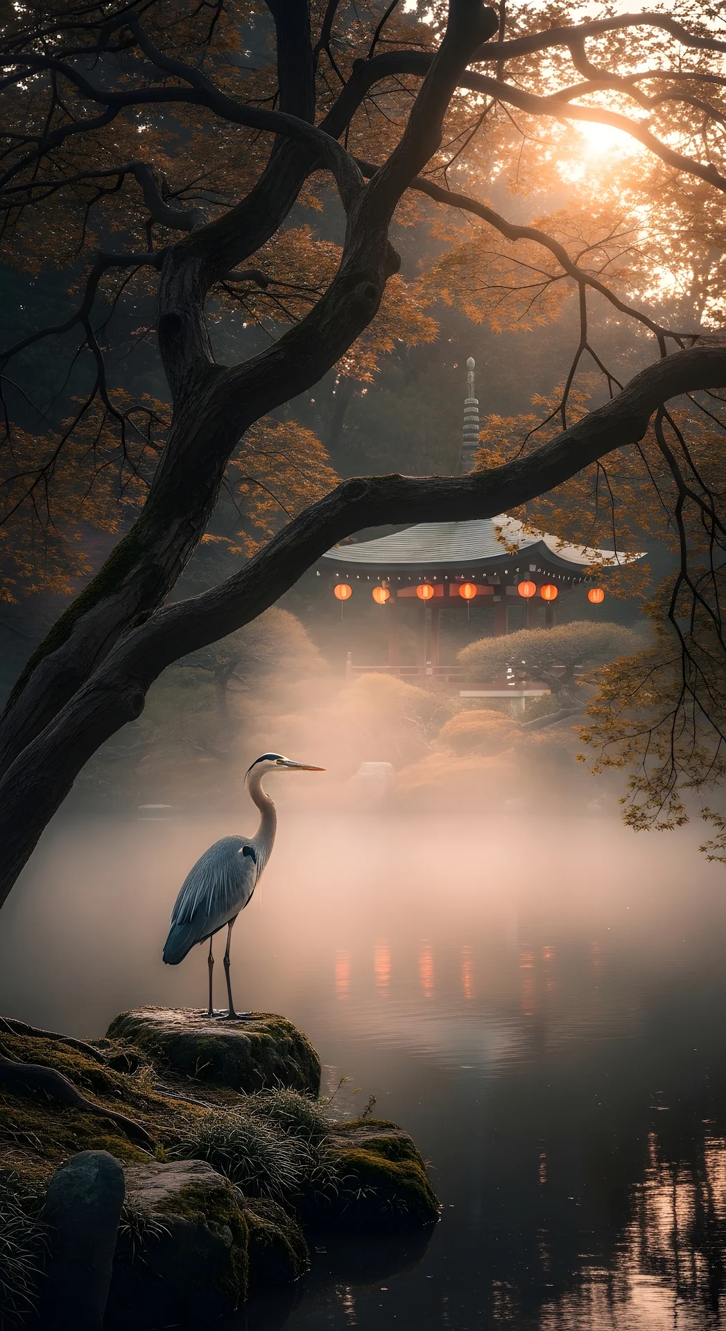 Heron in Misty Japanese Garden at Golden Hour - Free 4K mobile Wallpaper