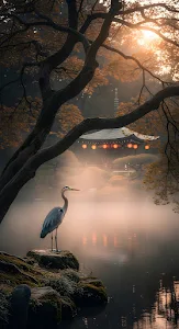 Heron in Misty Japanese Garden at Golden Hour