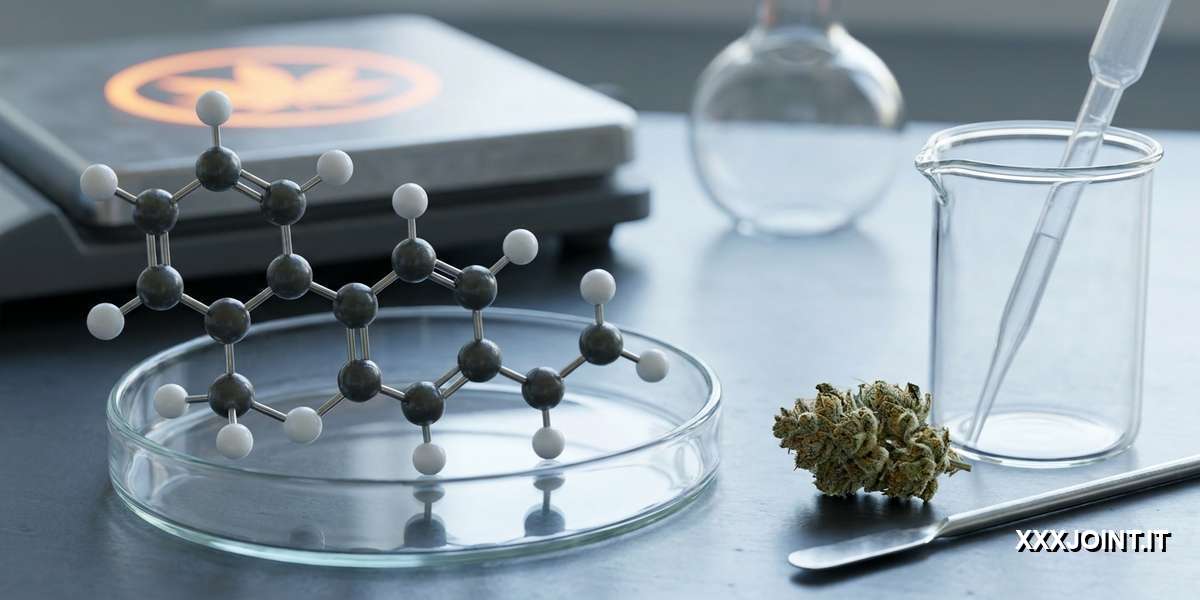 Illustrazione scientifica su composizione chimica ed estrazione del THC dalla cannabis
