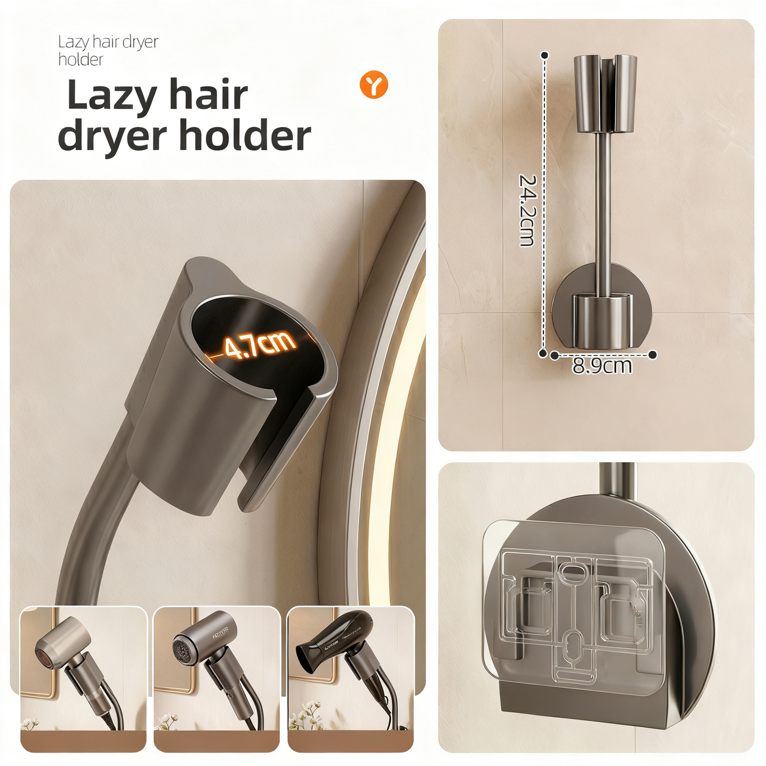 Wall holder for hair dryer, ABS, no drilling