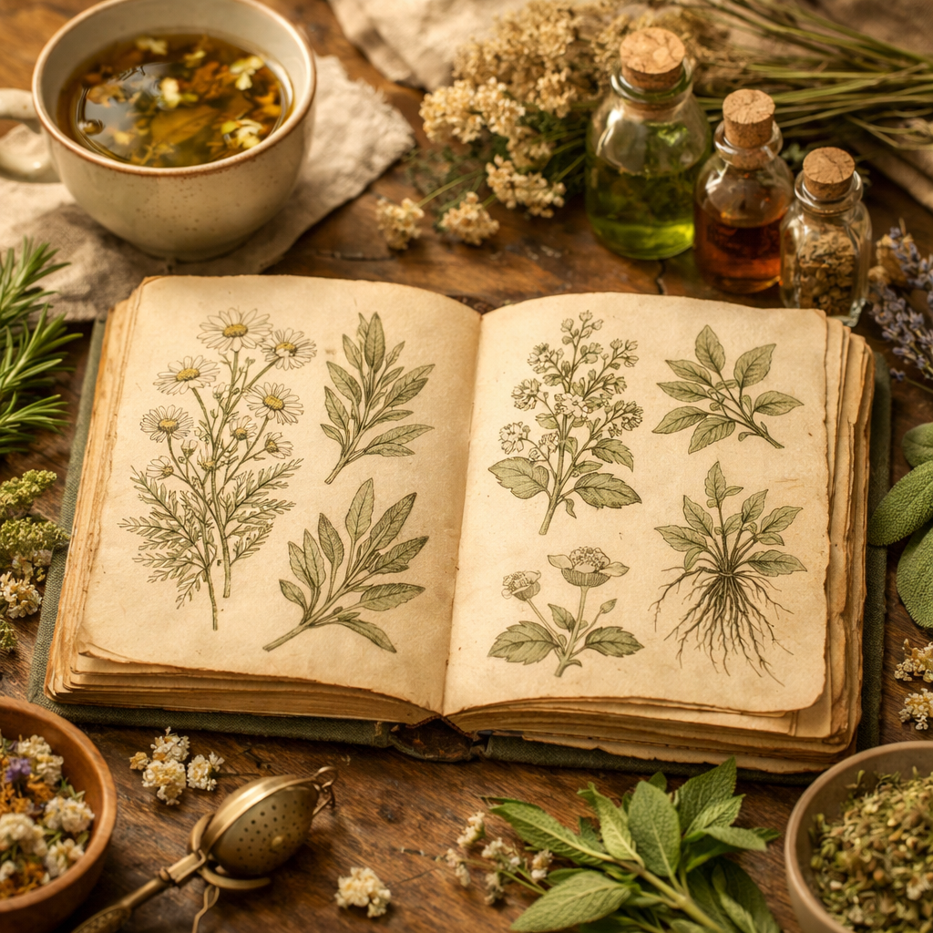Vintage herbalism journal with botanical illustrations