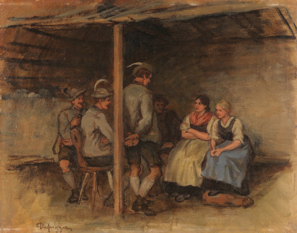 Ölstudie mit vier Burschen und zwei Dirndln in der Stube 1900