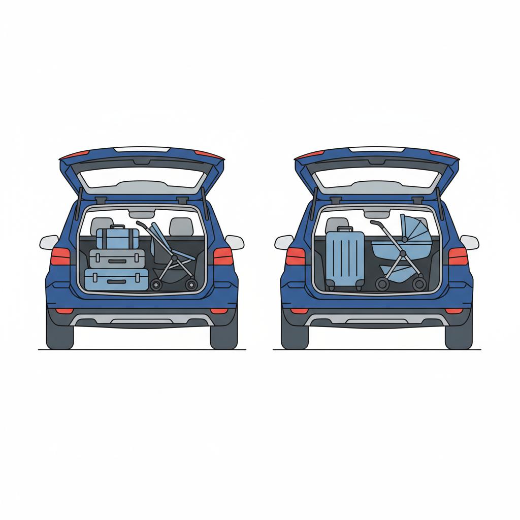 2D vector rear cargo comparison of two SUVs showing suitcases and a stroller to illustrate trunk capacity differences trail blazer chevy