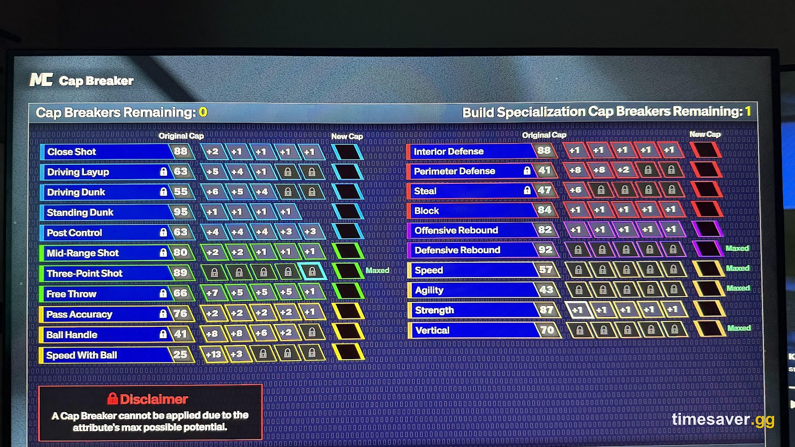 NBA 2K27 Cap Breaker screen showing each attribute's Original Cap and New Cap, the five Cap Breaker slots per attribute, the Build Specialization Cap Breakers Remaining counter, and the disclaimer that a Cap Breaker cannot be applied once an attribute hits its max possible potential