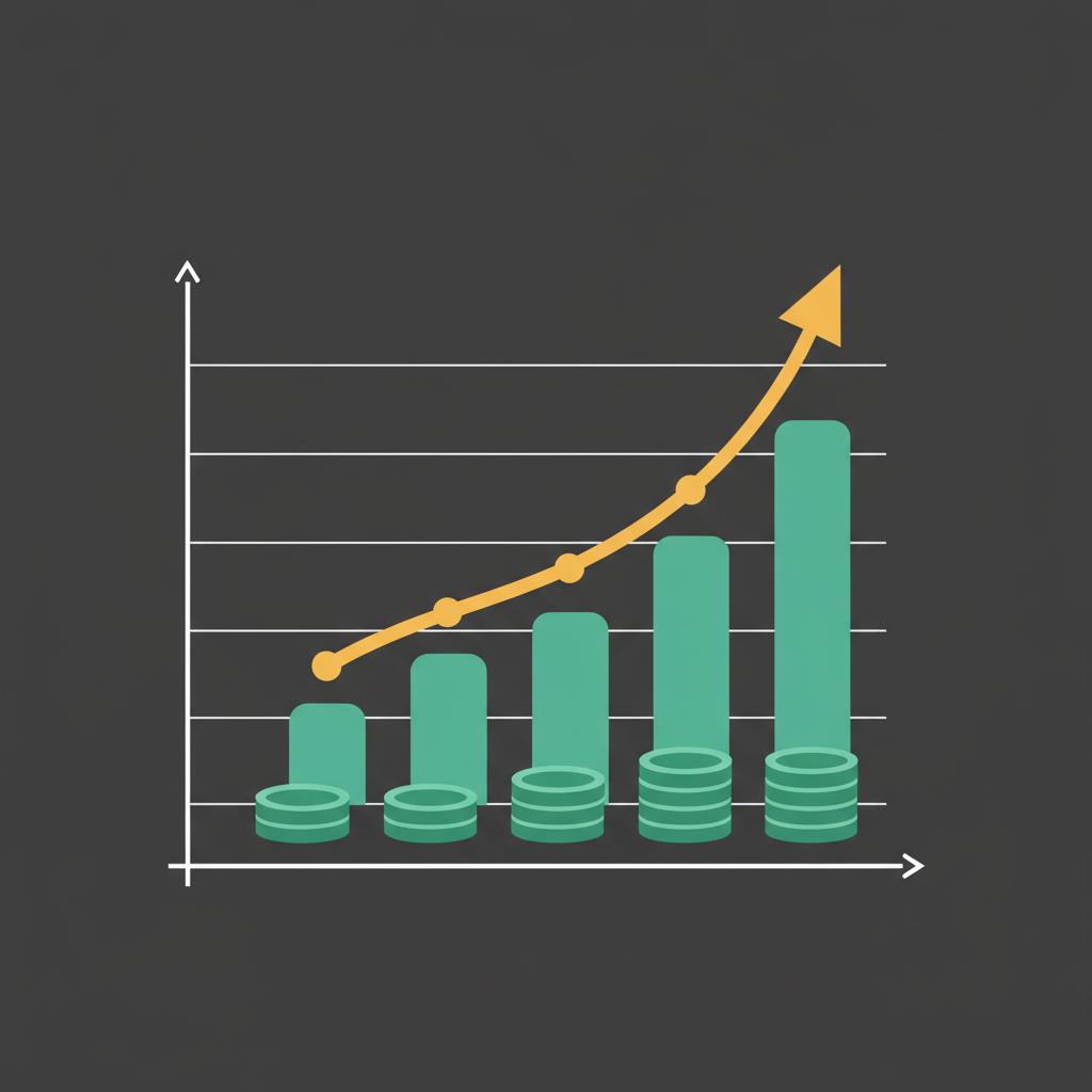 2D vector minimalist chart illustrating compounding growth from small recurring deposits with ascending green bars stacked coins and a gold growth line on dark background how to make money from the stock market