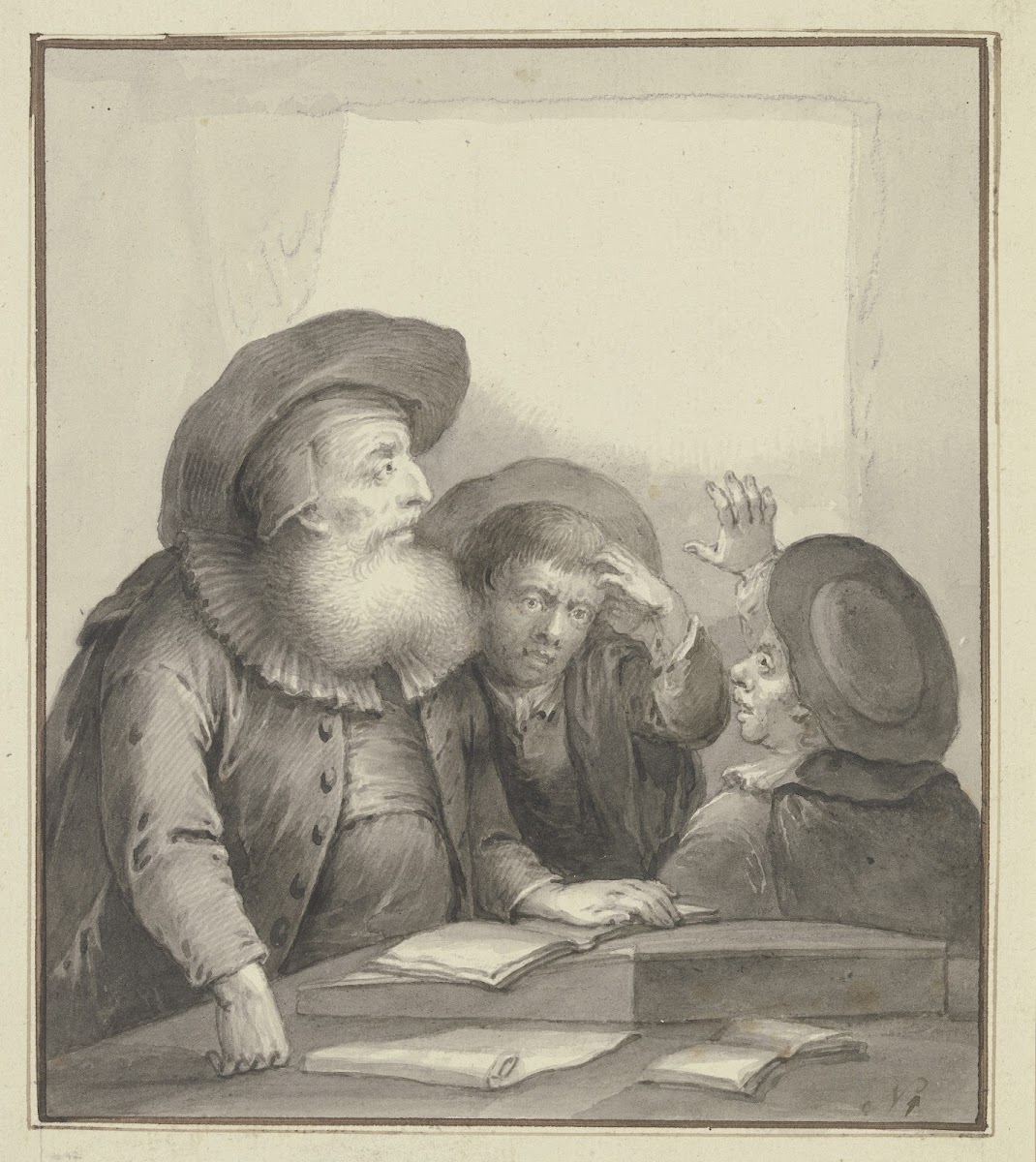 Rabbiner mit zwei Schülern an einem Tisch 1778