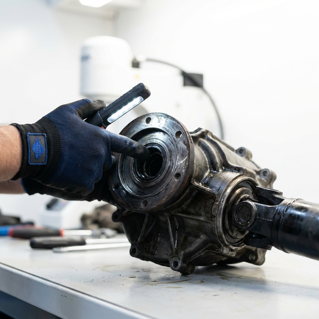 Close up of jeep wrangler for sale transfer case and driveshaft with technician pointing to wear in a clean workshop, shallow depth of field, white background and subtle blue accents