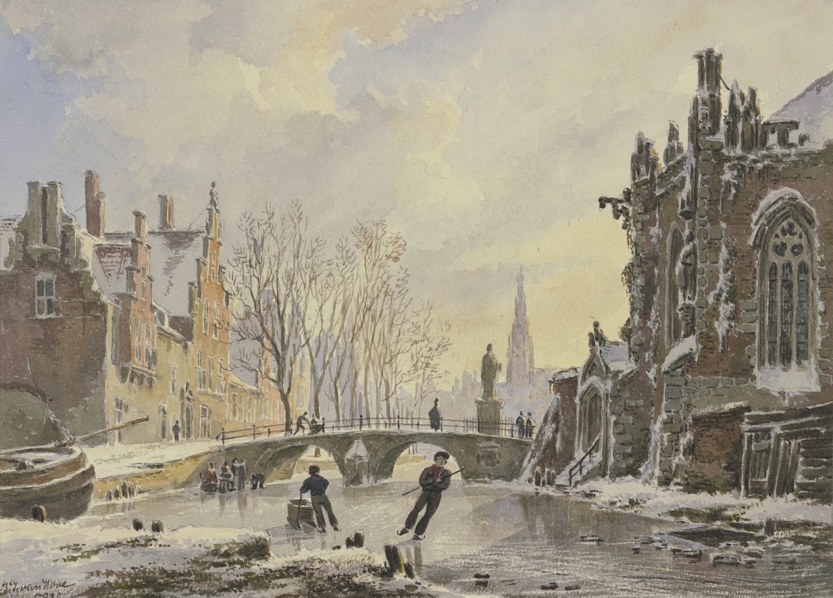Schlittschuhläufer auf einer Gracht in Amsterdam 1832