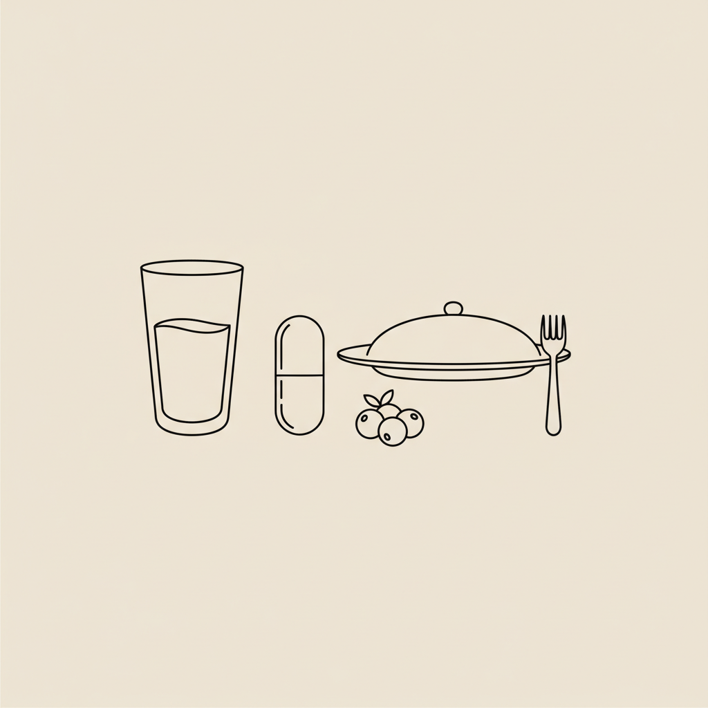 Minimal Tonum-style vector of a water glass, capsule and closed plate with fork and berry cluster on beige — best weight loss drink