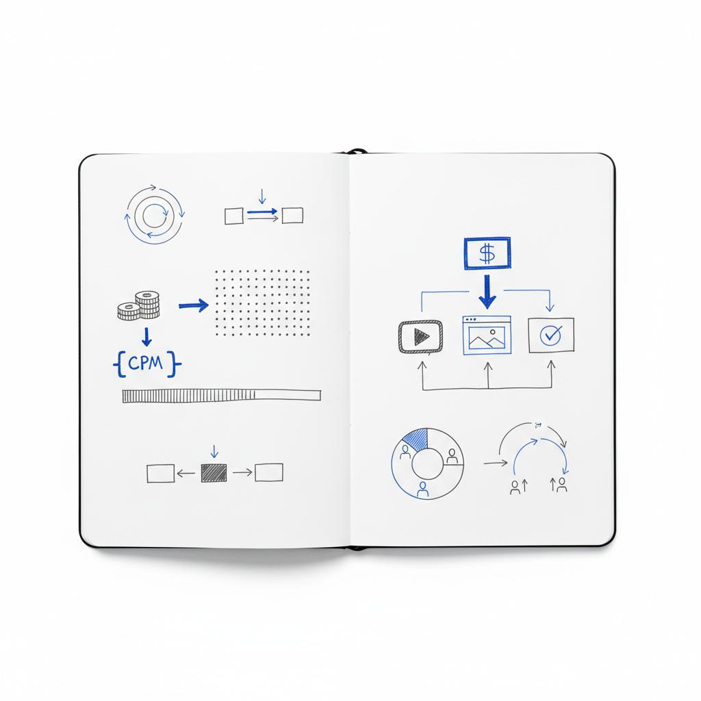 Close-up notebook sketch of CPM conversion concept with visual cost-per-thousand illustration, revenue-share arrows and video/display icons &mdash; how much does X pay per impression