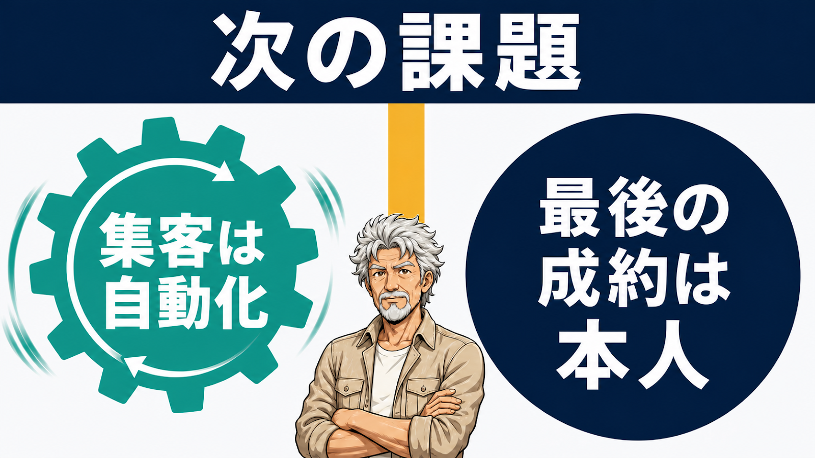集客は自動化できても最後の成約は本人に依存する次の課題の図