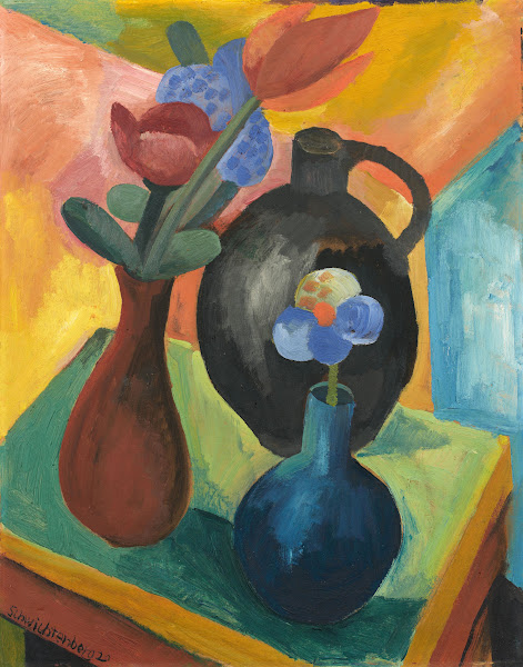 Stillleben mit Blumenvasen und Krug 1920