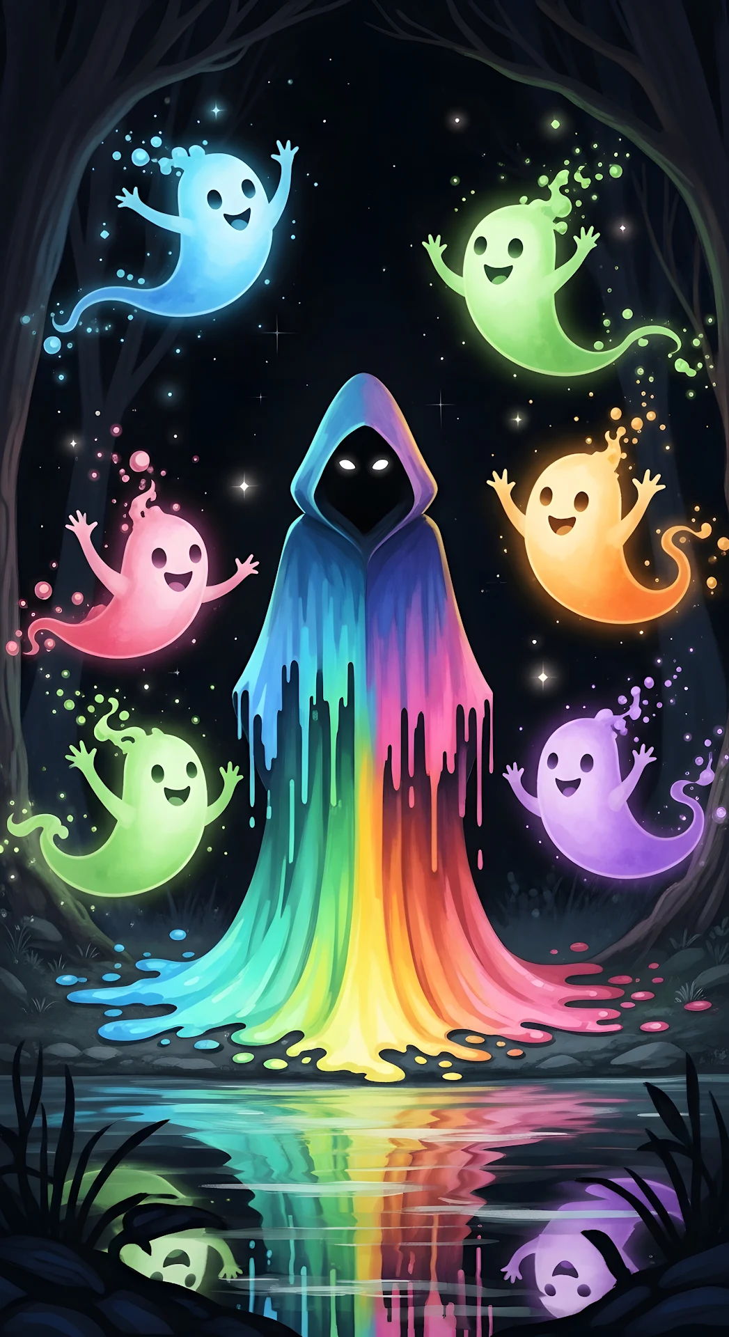 Rainbow Cloak Figure with Happy Glowing Ghosts - Free 4K mobile Wallpaper