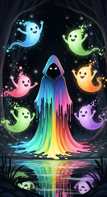 Rainbow Cloak Figure with Happy Glowing Ghosts - Free mobile Wallpaper