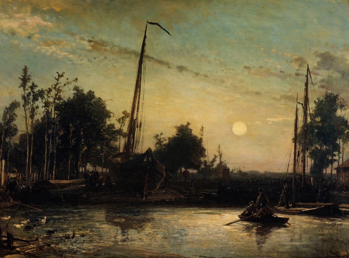 Bateau en construction en bord de canal Paysage hollandais 1857