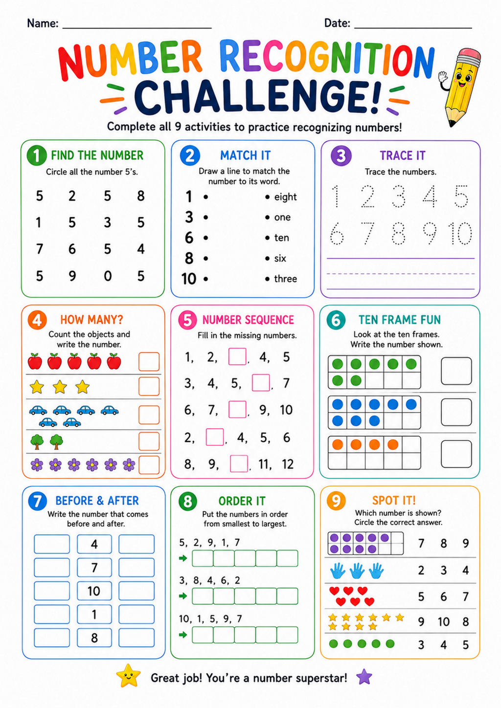 Number Recognition Challenge Worksheet