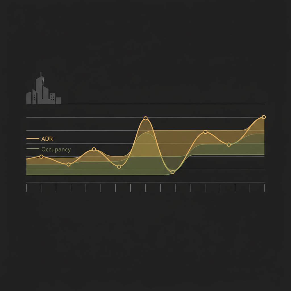 Minimalist vector chart of ADR and occupancy by month for a sample city with seasonality highlighted how to buy airbnb property with no money