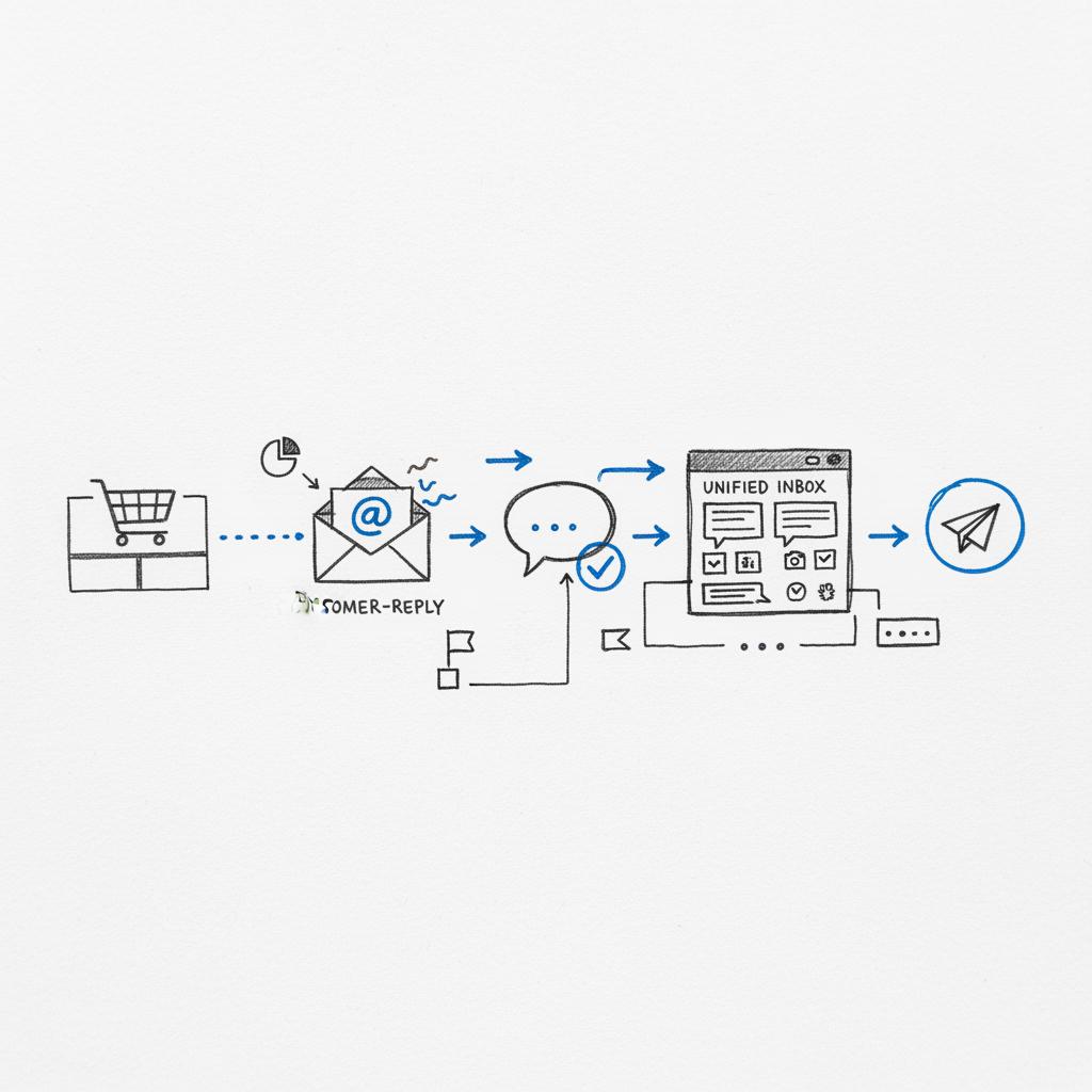 Top-down sketch of a review workflow for a reputation management platform showing checkout → automated invite → customer reply → unified inbox → response sent, white background, blue accents