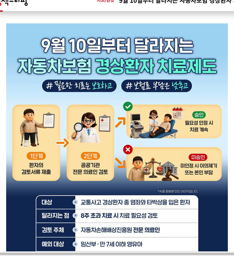 대한민국 정책브리핑 누리집의 자동차보험 경상환자 8주 초과 치료 심사 달라진 점 안내 화면