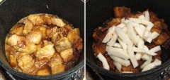 Đun nóng 2 muỗng canh dầu ăn rồi cho thịt đã ướp vào đảo đều tay. Khi thịt cháy cạnh và săn lại thì thêm 2 muỗng cà phê nước màu, 1/2 chén nước lọc, đun thêm 10 phút cho thịt thấm đều gia vị thì cho cùi dừa vào.