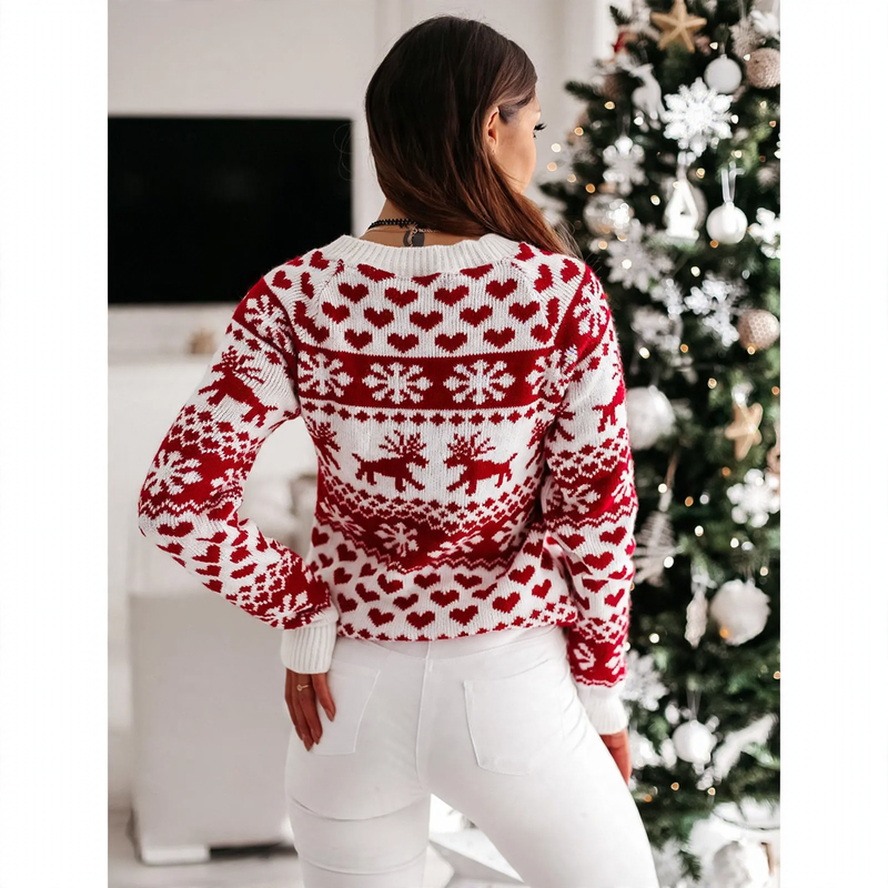 Women's Christmas Sweater, Reindeer Motif, Round Neck