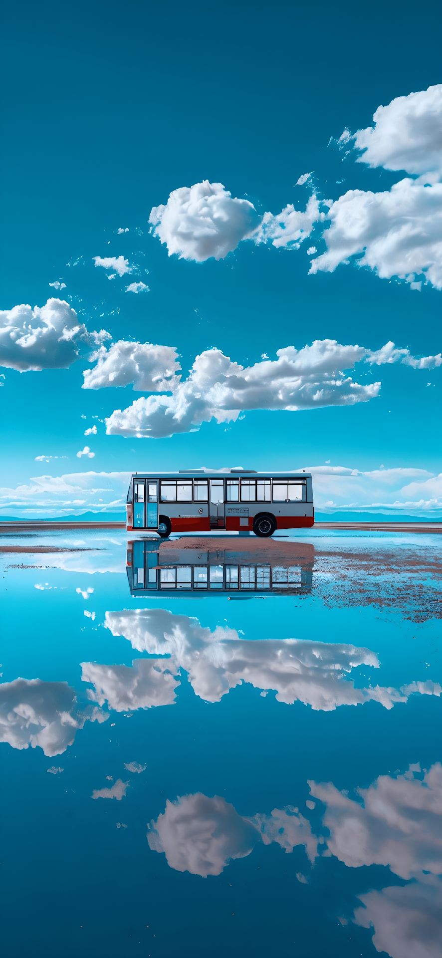 Bus Reflected on Salar de Uyuni Salt Flat under Blue Sky - Free 4K mobile Wallpaper