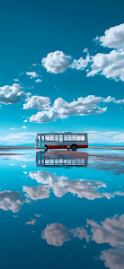 Bus Reflected on Salar de Uyuni Salt Flat under Blue Sky