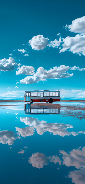 Bus Reflected on Salar de Uyuni Salt Flat under Blue Sky - Free mobile Wallpaper