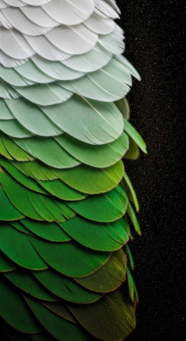 Abstract Macro of Green and White Bird Feathers with Glittering Dust on Black - Free 4K mobile Wallpaper