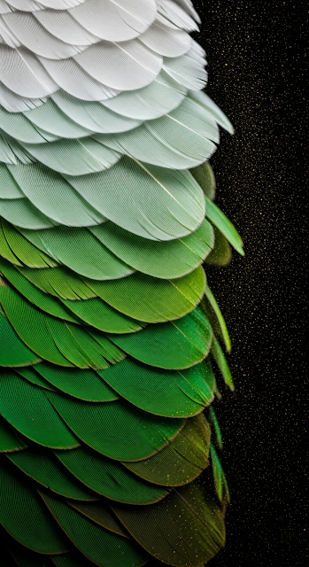 Abstract Macro of Green and White Bird Feathers with Glittering Dust on Black - Free mobile Wallpaper