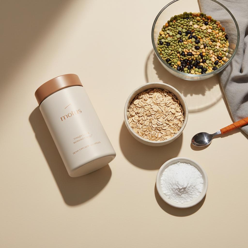 Motus supplement container beside a measured bowl of legumes, a bowl of oats and a small dish of konjac powder on a beige Tonum-style tabletop, showing natural alternatives to Ozempic