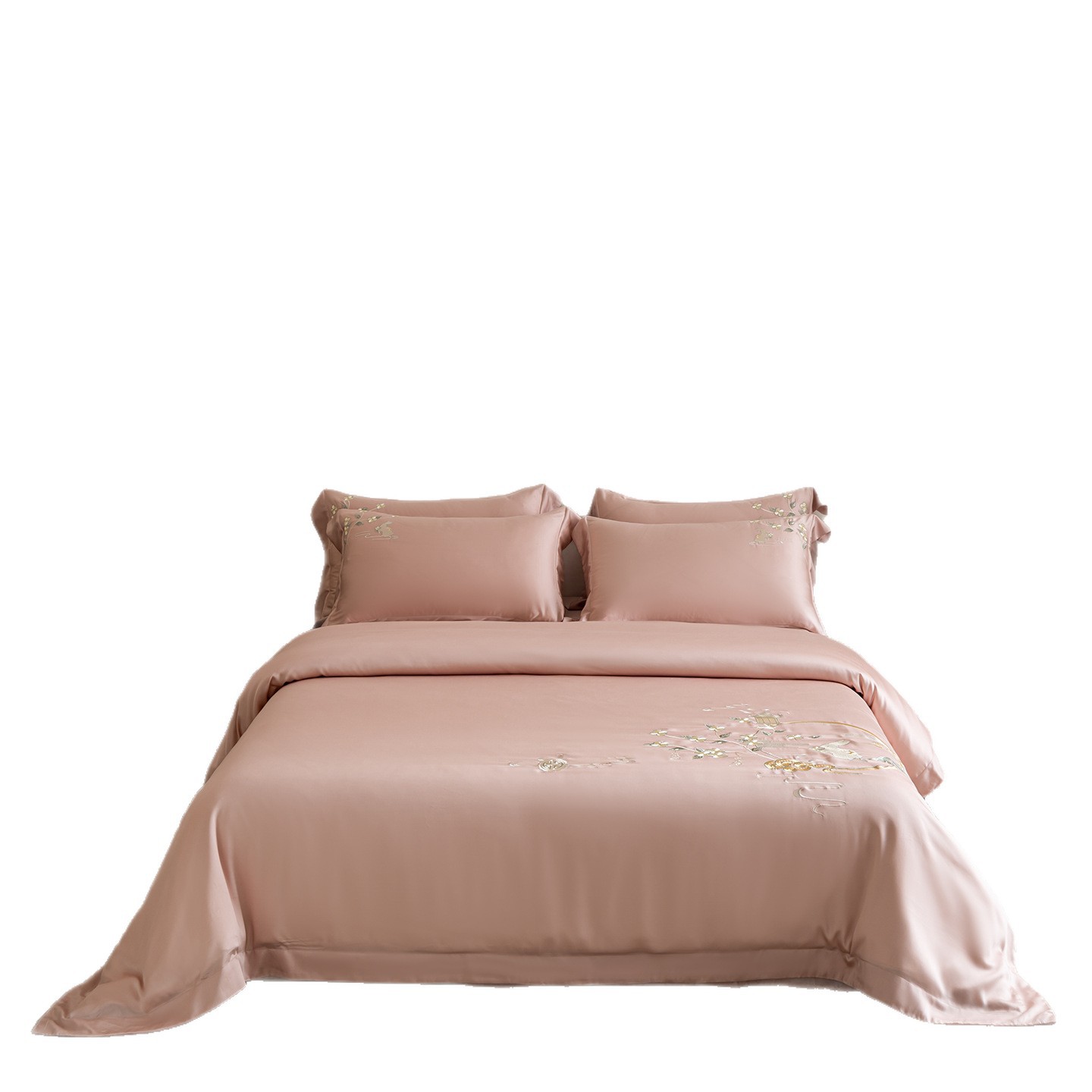 Cotton bed linen 4-piece, embroidery, floral pattern