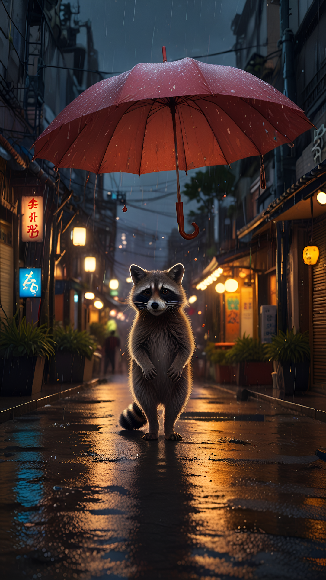 Rainy Tokyo Alley Raccoon Under Red Umbrella Digital Art - Free 4K mobile Wallpaper