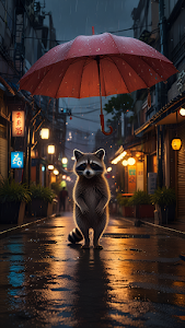 Rainy Tokyo Alley Raccoon Under Red Umbrella Digital Art