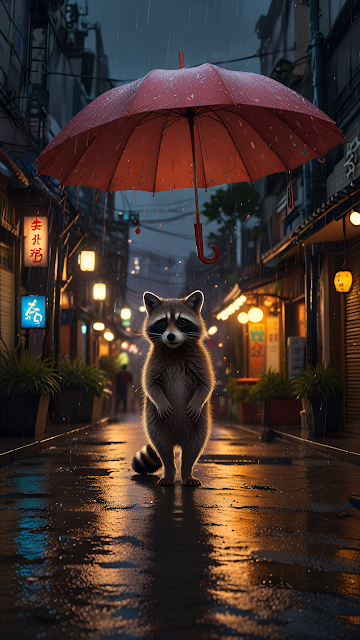 Rainy Tokyo Alley Raccoon Under Red Umbrella Digital Art