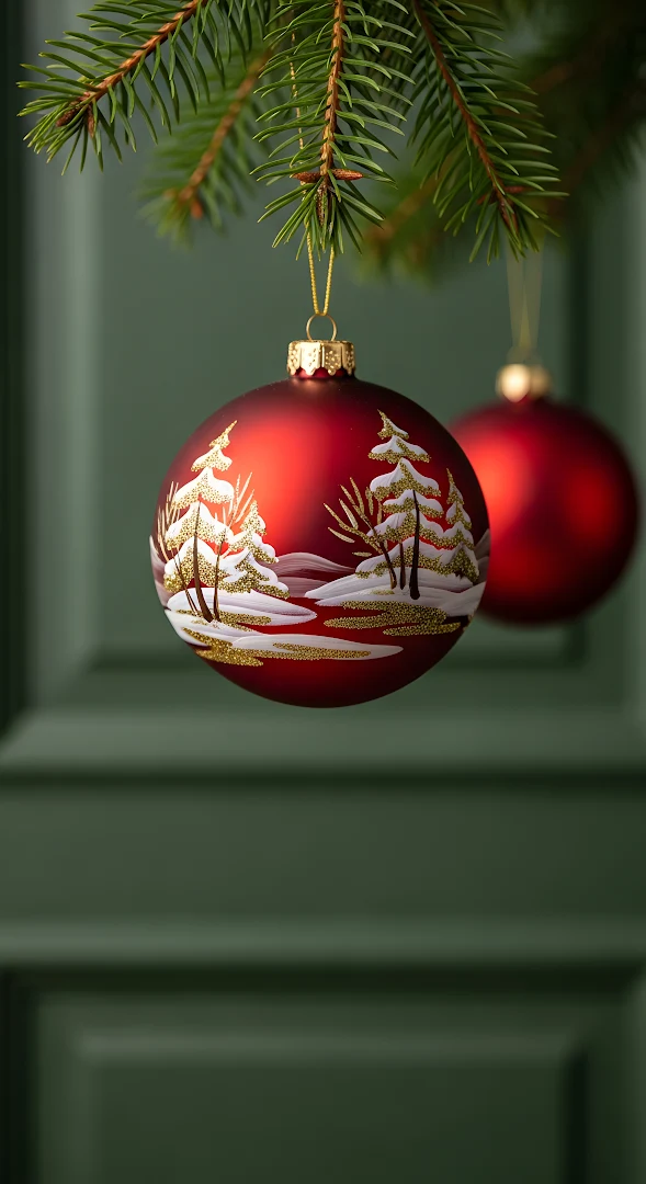 Red Christmas Ornament Gold Winter Landscape Detail